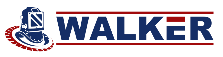 Walker Cutting & Diving logo: a surface-supplied diving helmet inside a red diamond saw blade