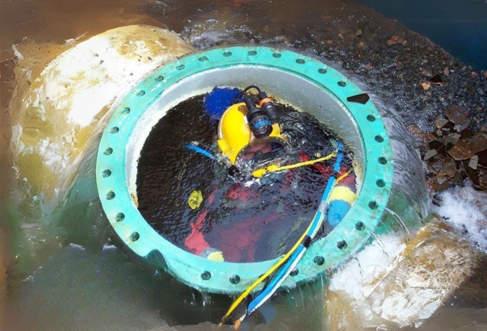 Diver working inside a large flanged intake pipe with water pouring over the flange